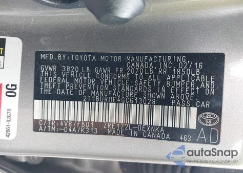 2016 Toyota Corolla Le from USA, damaged, VIN 2T1BURHE4GC613028
